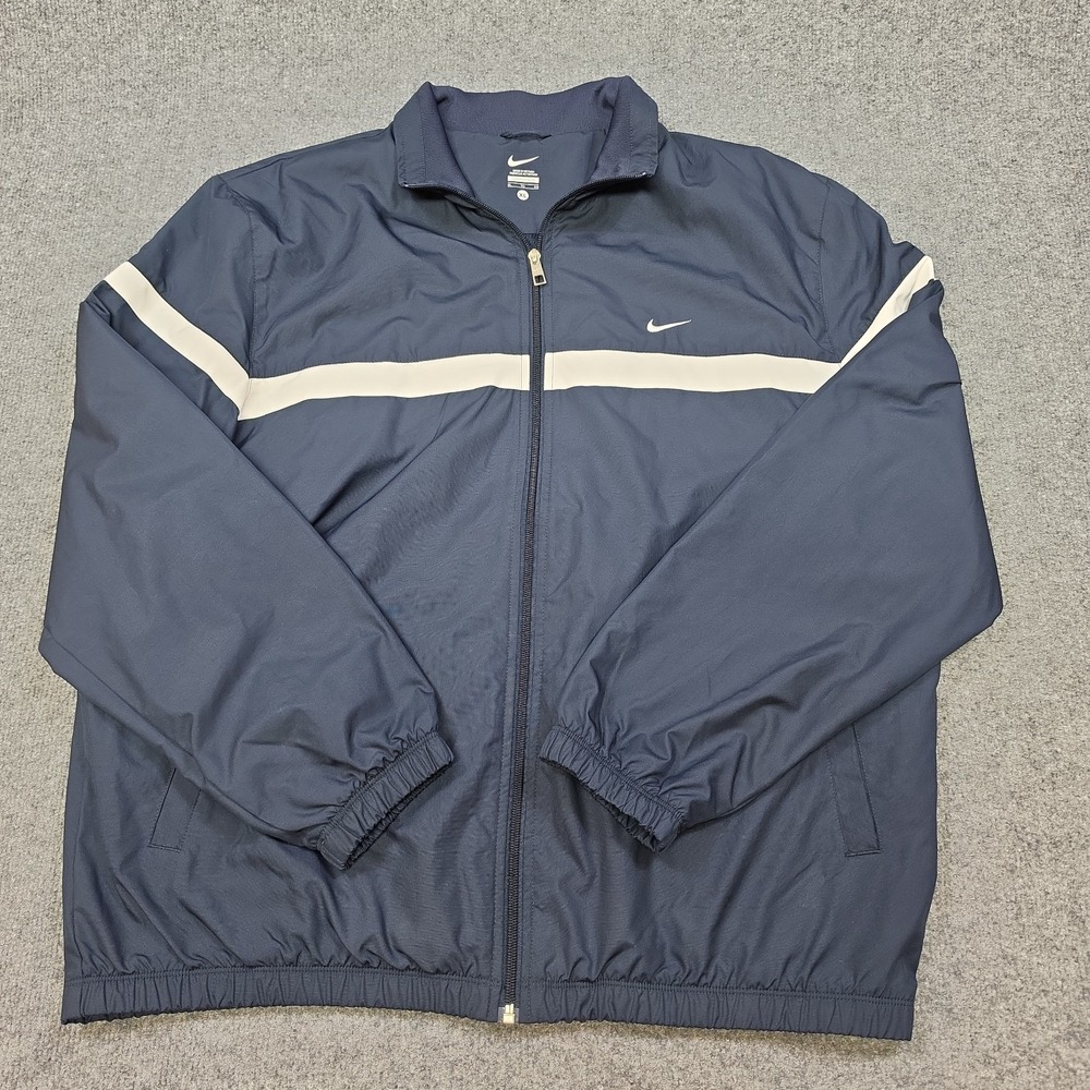 Nike Windbreaker Jacket Mens XL Navy Blue White Stripe Full Zip Mesh Lined...